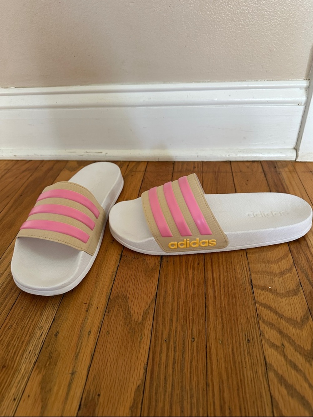 adidas White Slides with Pink Stripes and Tan Trim, size women 8